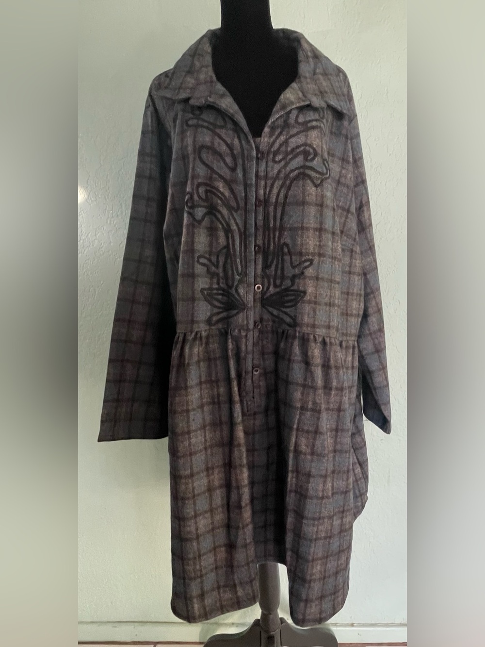 eshakti Gray Plaid Long Sleeve Button Dress
